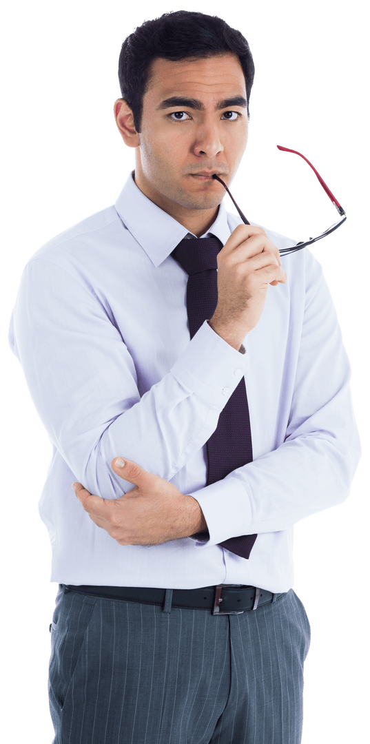 Serious Businessman Holding Glasses on Transparent Background
