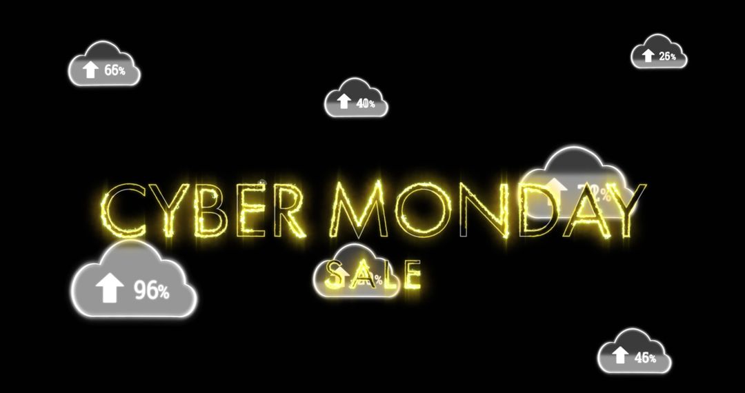 Cyber Monday Sale Neon Sign With Falling Cloud Icons