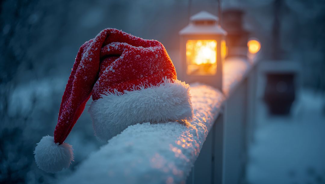 Santa hat resting on snow-covered porch railing with glowing lanterns at dusk