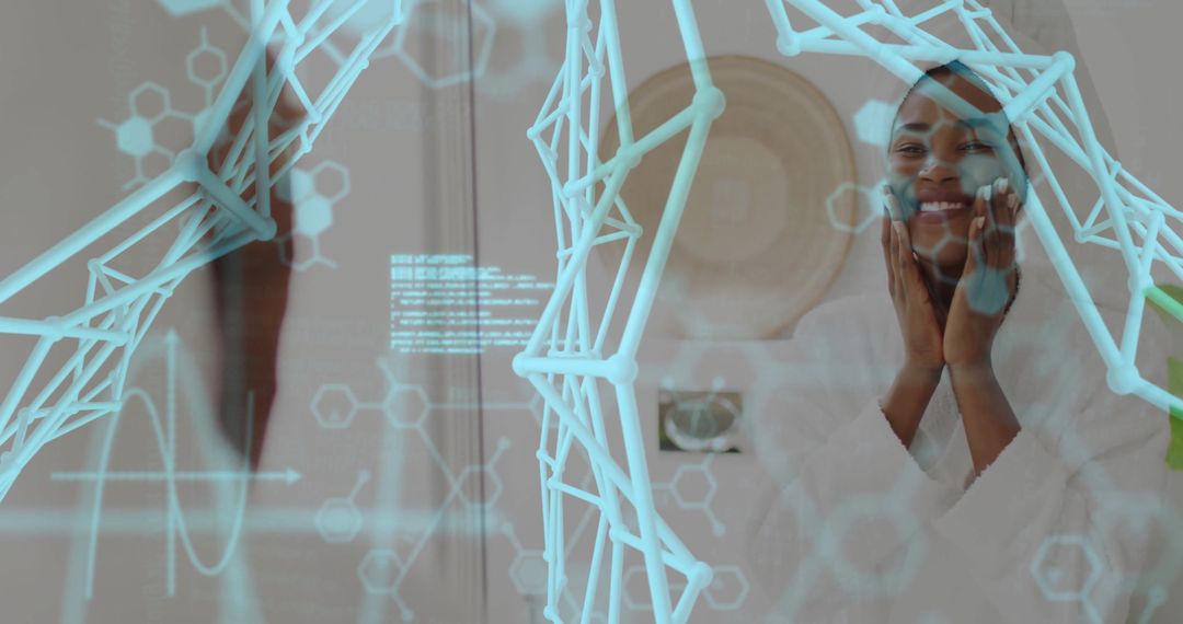 Woman Applying Facial Cream with Holographic Graphics at Home
