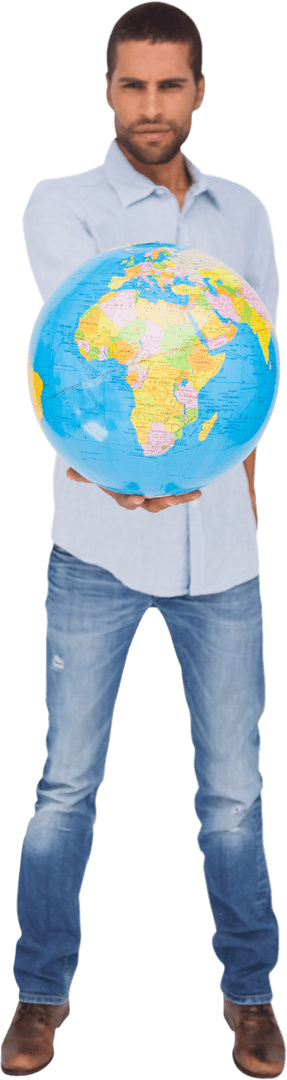 Transparent Serious Man Holding Detailed World Globe