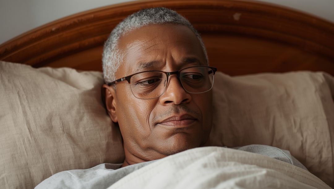 Senior Man Relaxing in Bed, Reflective Expression on Face