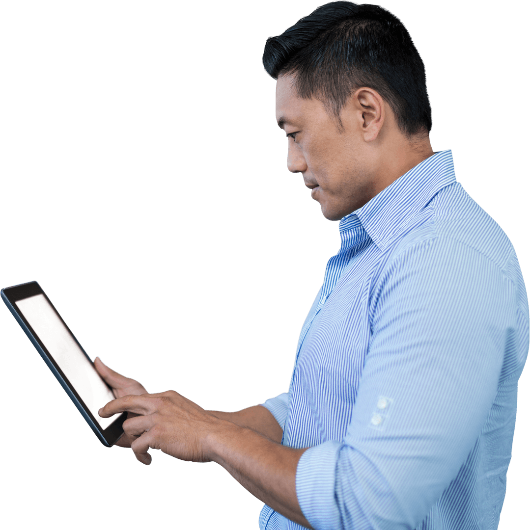 Transparent Asian Businessman Using Digital Tablet