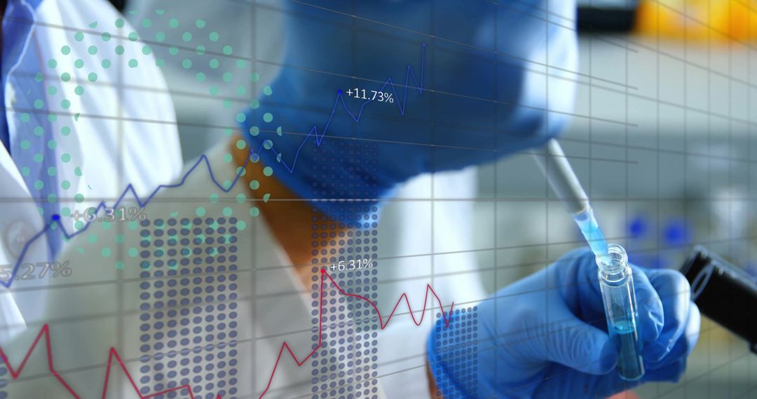 Lab Researcher Perform Scientific Experiment with Financial Data Overlay