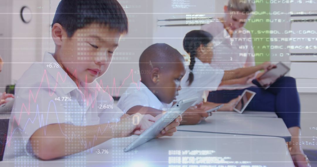Image of data processing over diverse female teacher and schoolchildren learning and using tablets - Free Images, Stock Photos and Pictures on Pikwizard.com