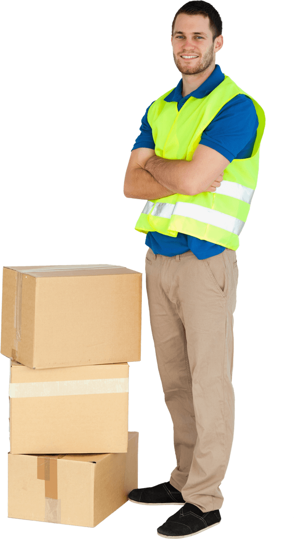 Transparent Smiling Delivery Man Stands Confidently with Boxes