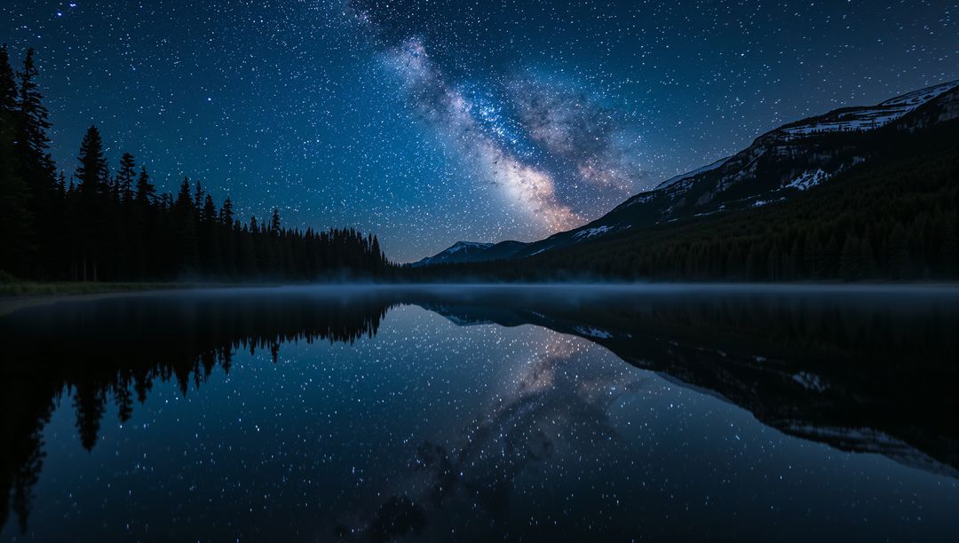 Milky Way Reflecting Over Alpine Lake With Conifer Silhouettes and Snowy Ridge at Night