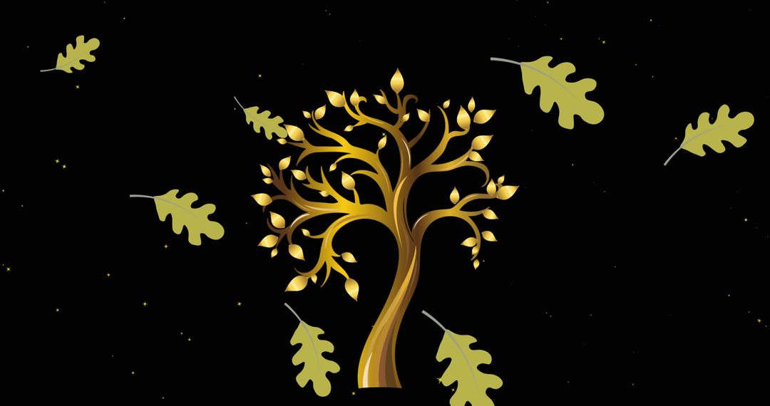 Stylized Golden Tree with Falling Autumn Leaves
