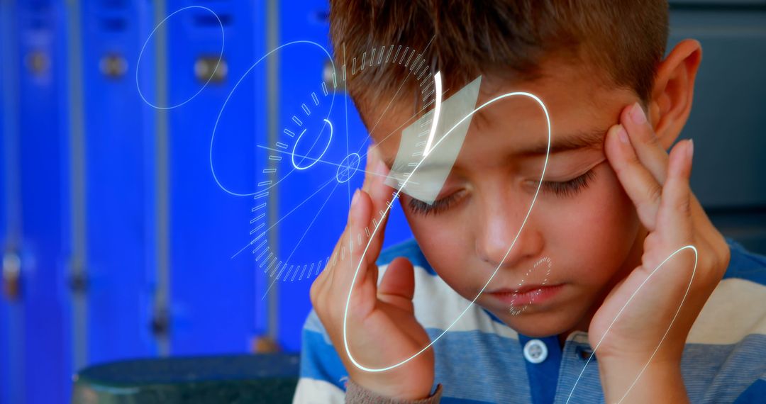 Sick Boy Massaging Temples with Holographic Scanning Effect