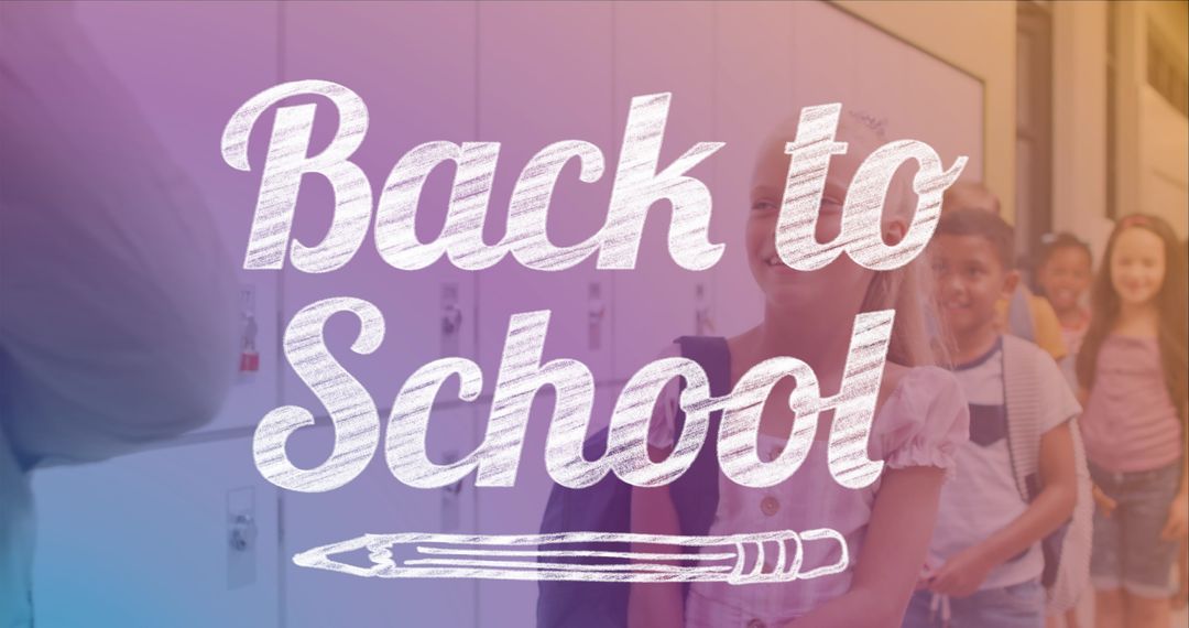 Back to School Sign with Diverse Students Lined Up in Hallway