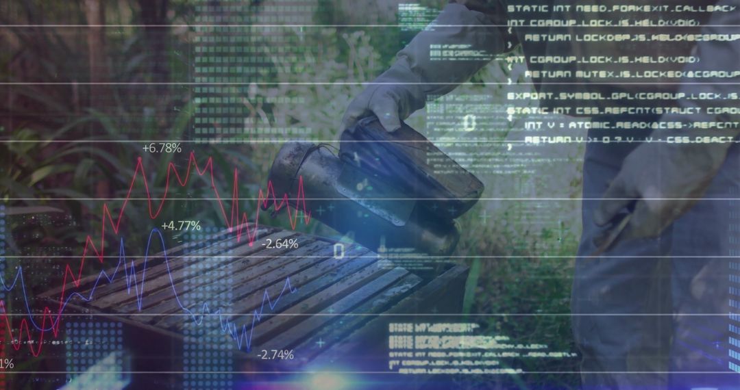 Beekeeper Using Metal Smoker on Hive with Technology Overlay