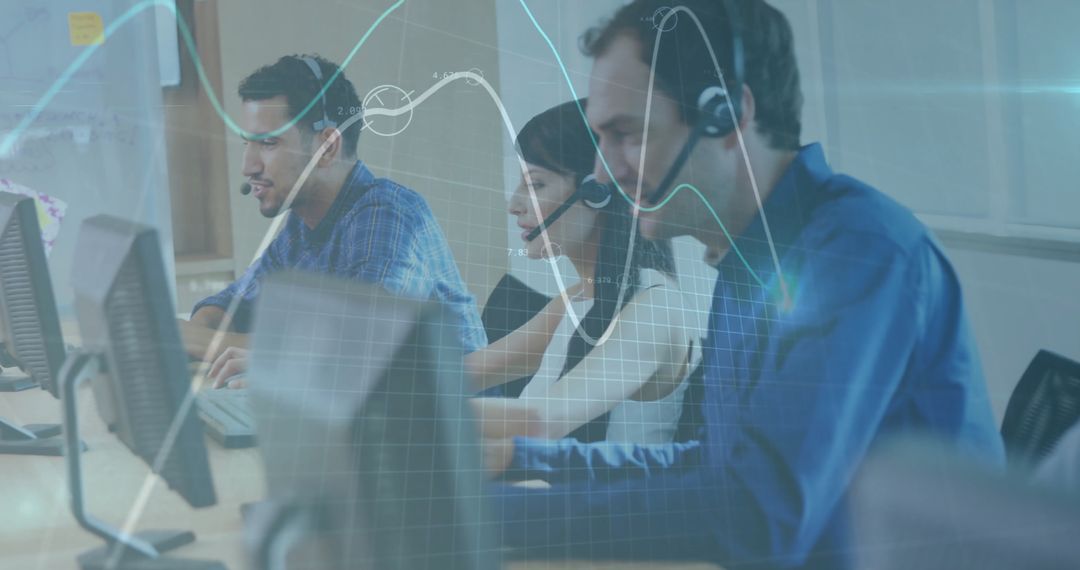 Customer service team working with data analytics interface