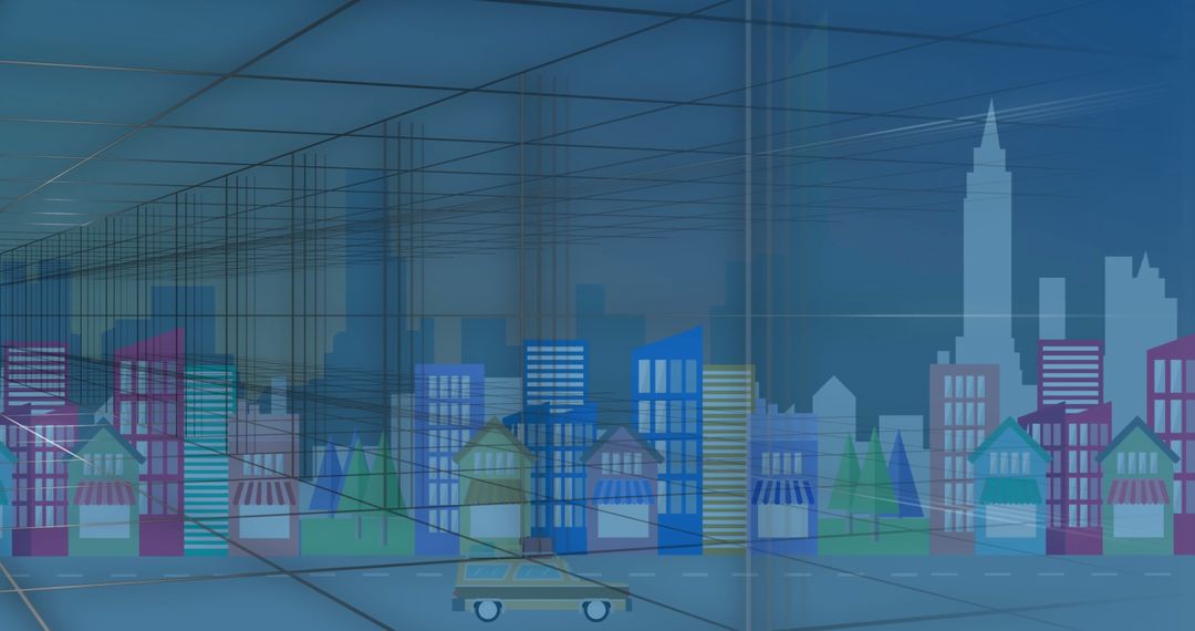 Futuristic Grid Design in Showroom with Urban Silhouette