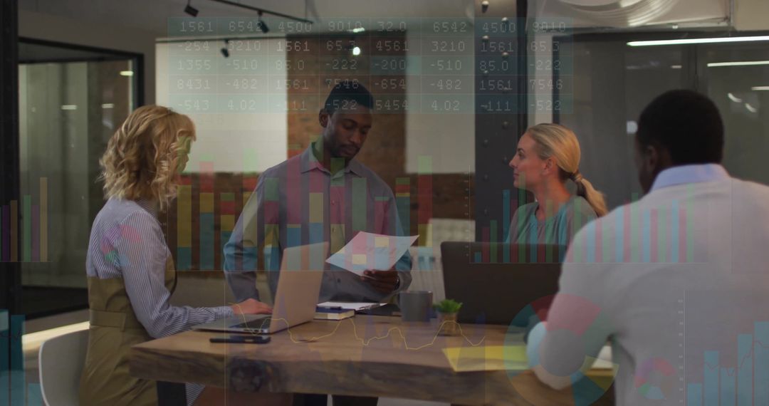 Diverse Team Collaborating in Modern Office with Projections