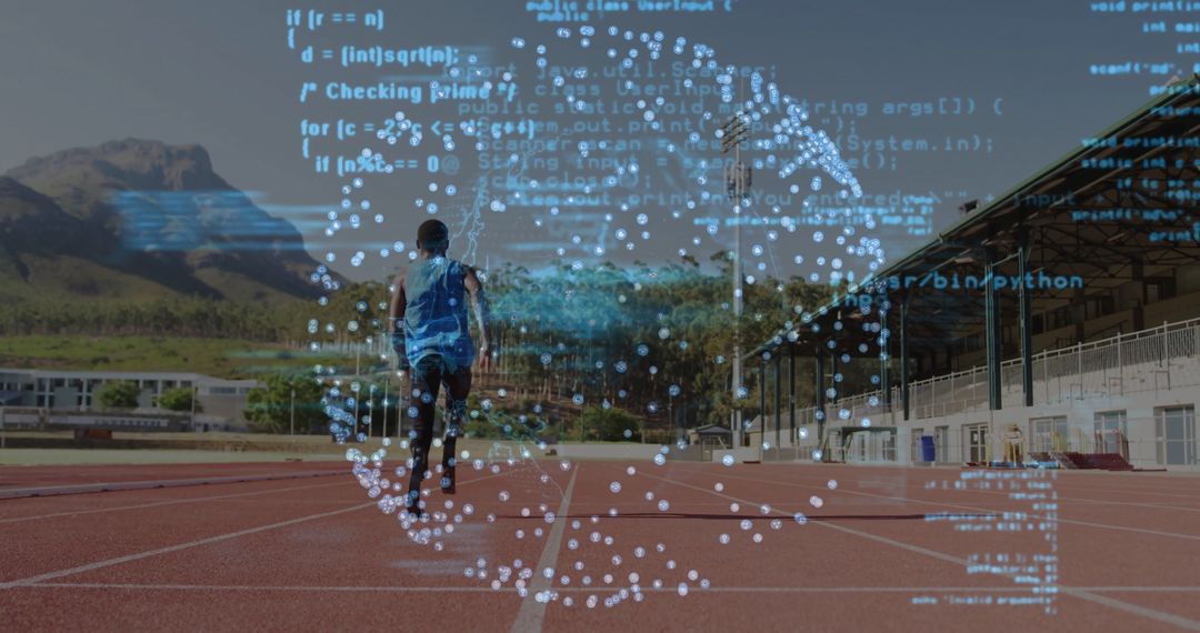 Athlete Running with Futuristic Code Overlay Fusion