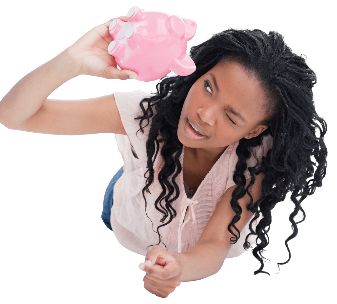 Woman Checking Empty Modern Pink Piggy Bank Transparent