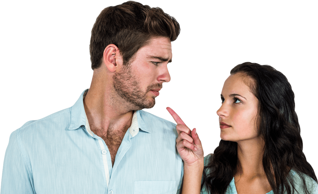 Woman Pointing Seriously at Man in Transparent Background