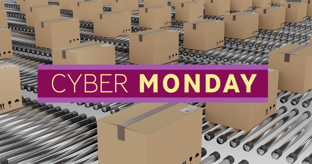 Cyber Monday Promotion with Cardboard Boxes on Conveyor Belts - Free Images, Stock Photos and Pictures on Pikwizard.com