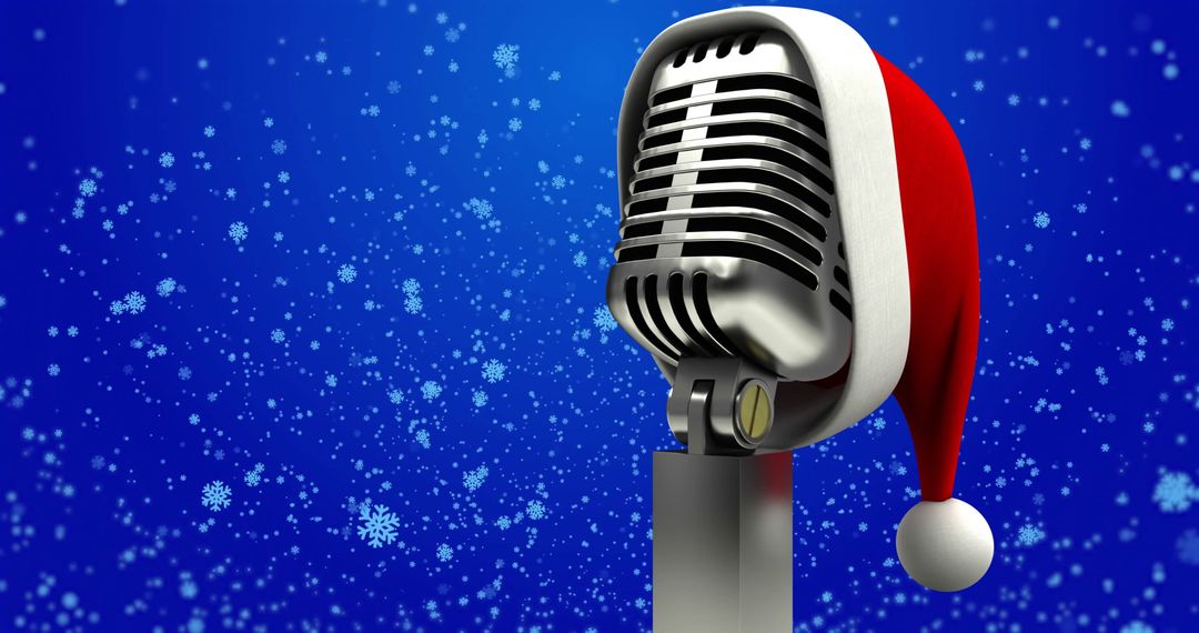 Retro Microphone with Santa Hat Against Snowy Backdrop