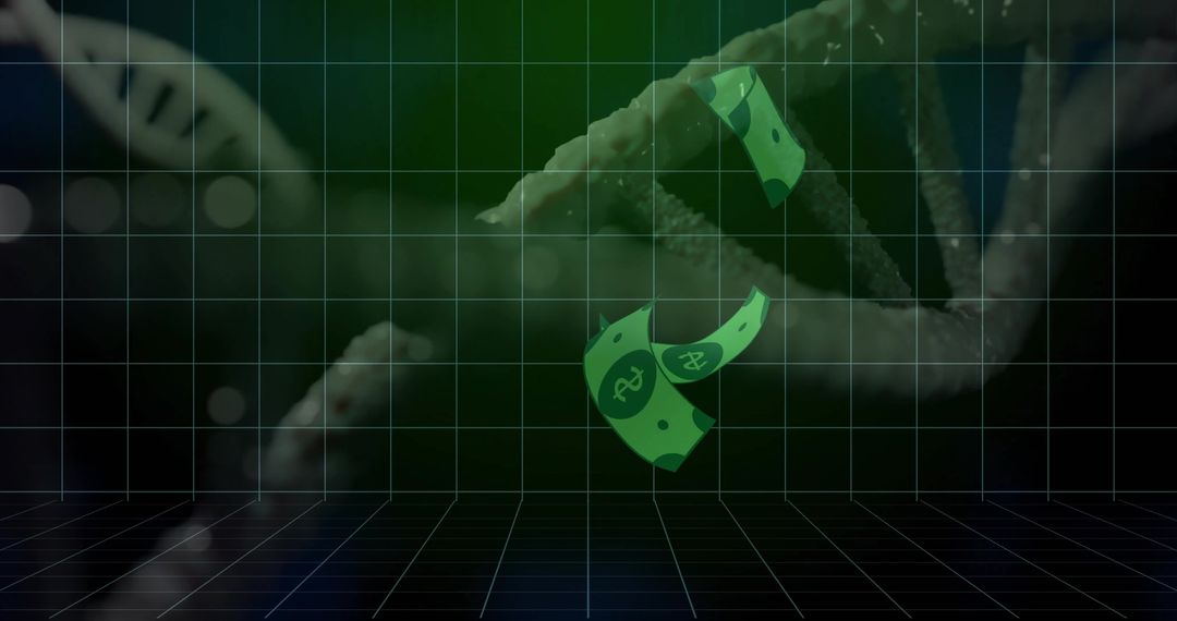 Floating neon banknotes drifting over futuristic gridded holographic floor with DNA helix