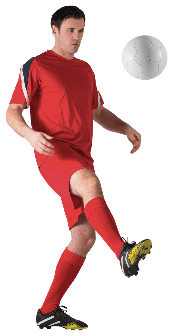 Transparent Football Player Kicking Soccer Ball in Action Red Uniform