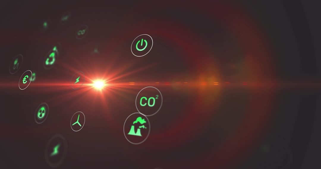 Glowing green energy and environment icons moving toward red flare in dark digital space