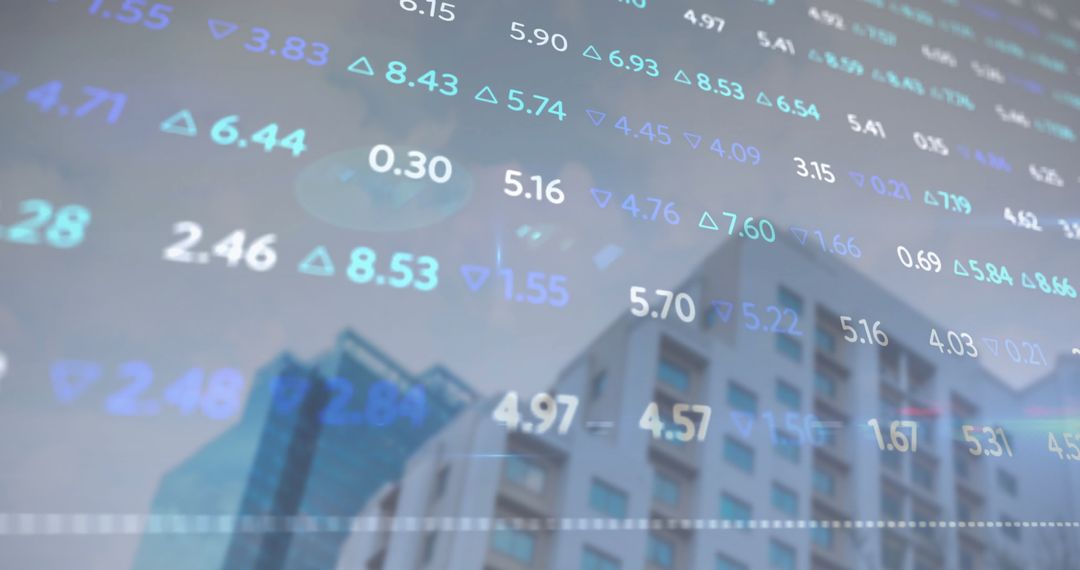 Digital Stock Market Interface Overlaying Urban Cityscape