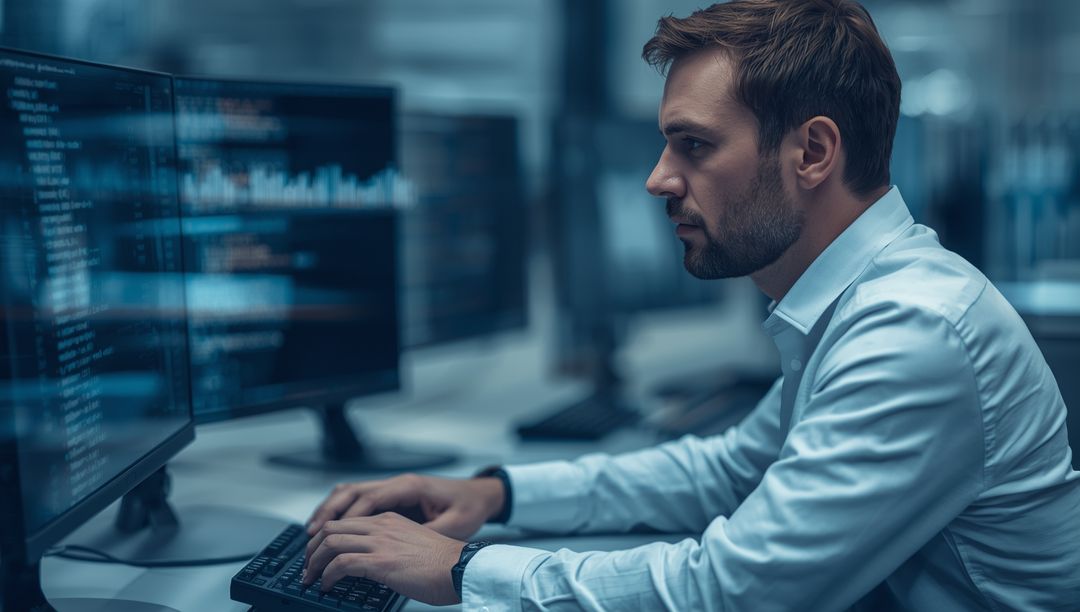 Focused Software Developer Reviewing Code on Multiple Screens