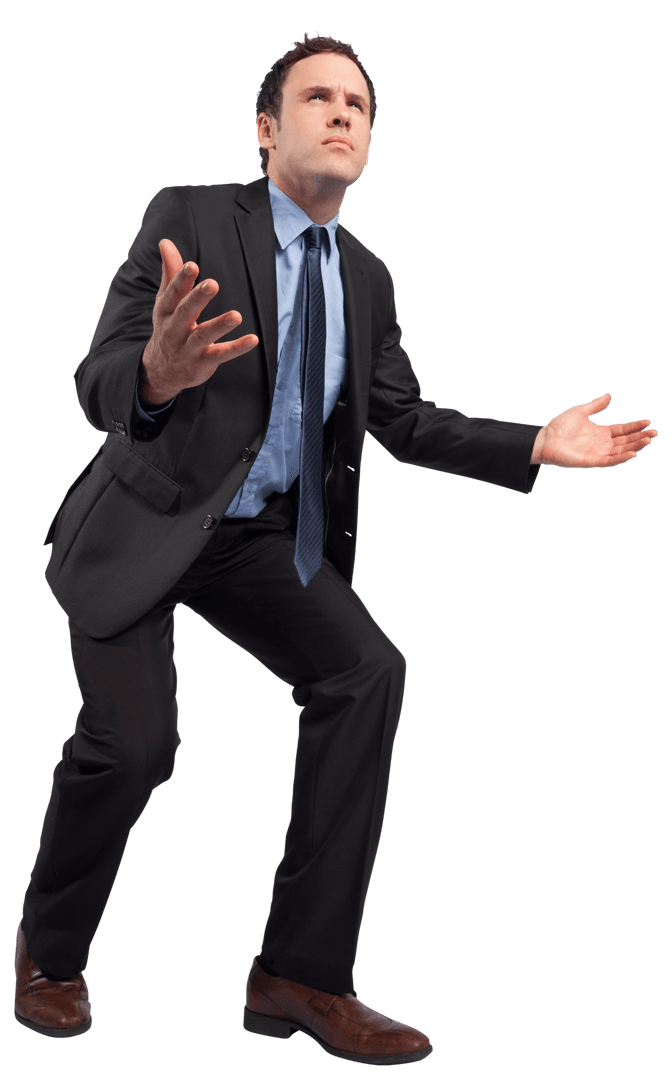 Businessman in Suit Standing with Outstretched Arms on Transparent Background