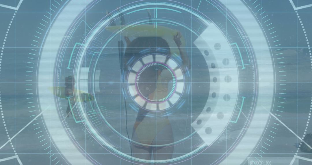 Relaxing Woman on Float in Sea with Futuristic HUD Overlay