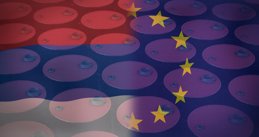 Flags of Russia and EU Overlapping on Barrels Representing Energy Crisis
