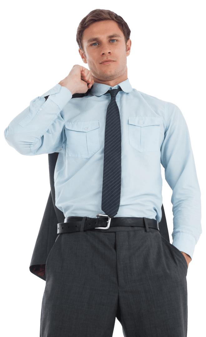 Serious Businessman Transparent Image Holding Jacket