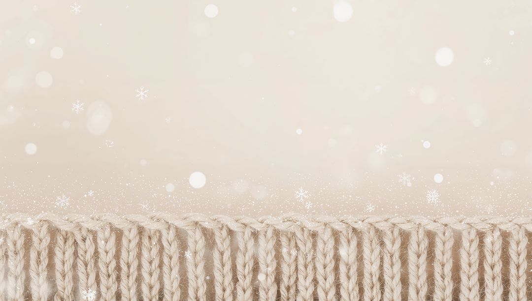 Beige Knitted Border with Ribbed Braided Stitches and Soft Snow Bokeh Winter Texture