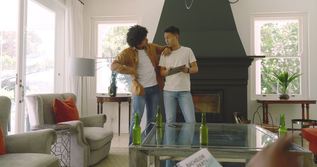 Friends Enjoying Conversation and Drinks Before Wedding Party