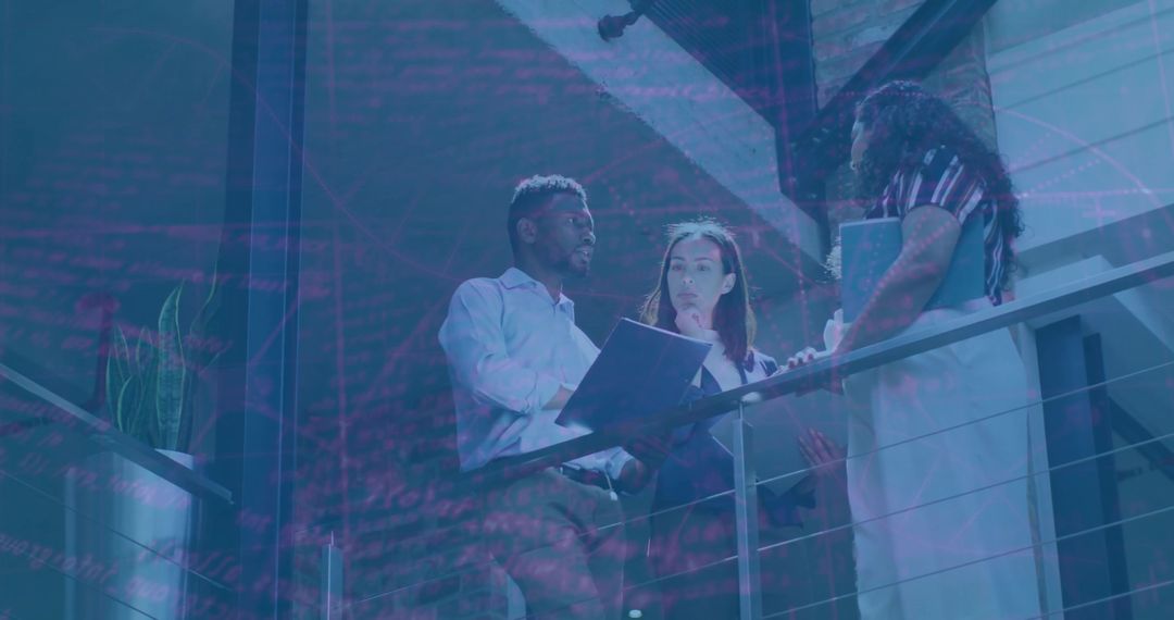 Corporate Team Collaborating on Mezzanine with Digital Overlay