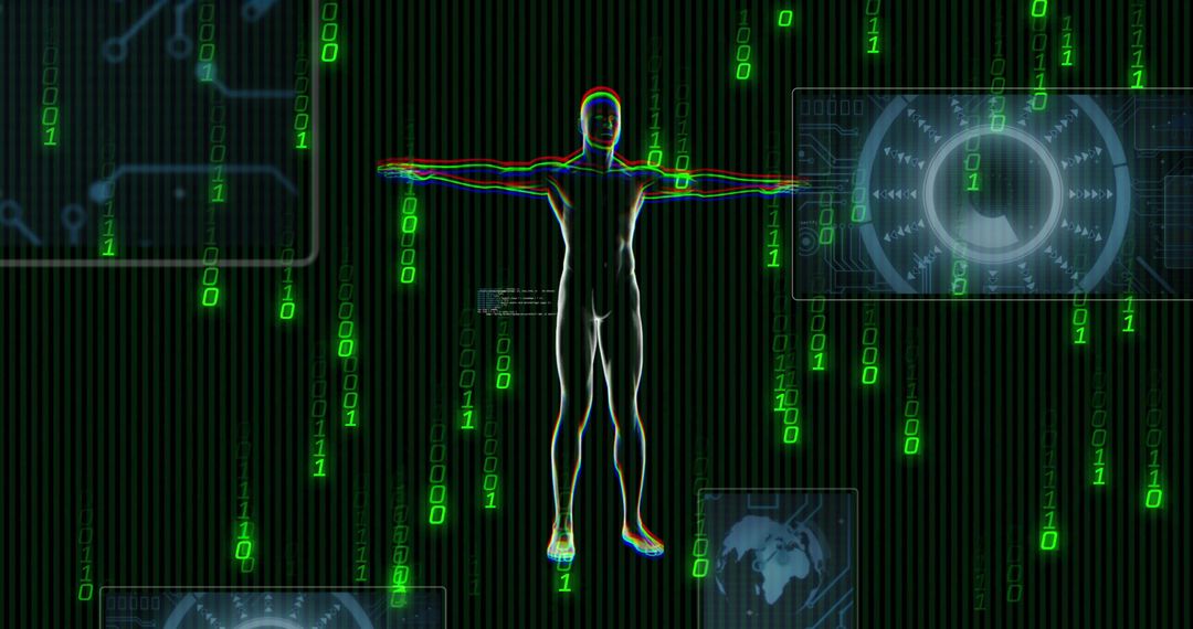 Glowing Human Silhouette Standing T-pose Surrounded by Falling Binary Code and Futuristic HUD