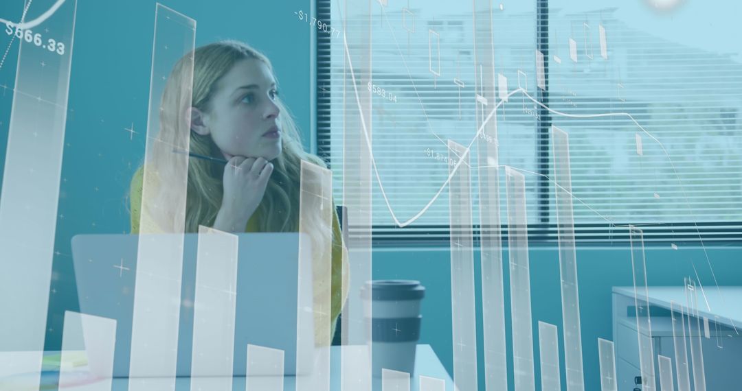 Thoughtful Businesswoman Analyzing Financial Data Interface