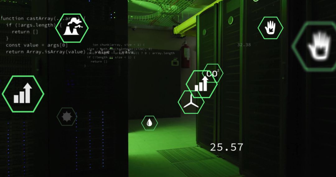 Digital Interface with Eco Icons Over Computer Servers