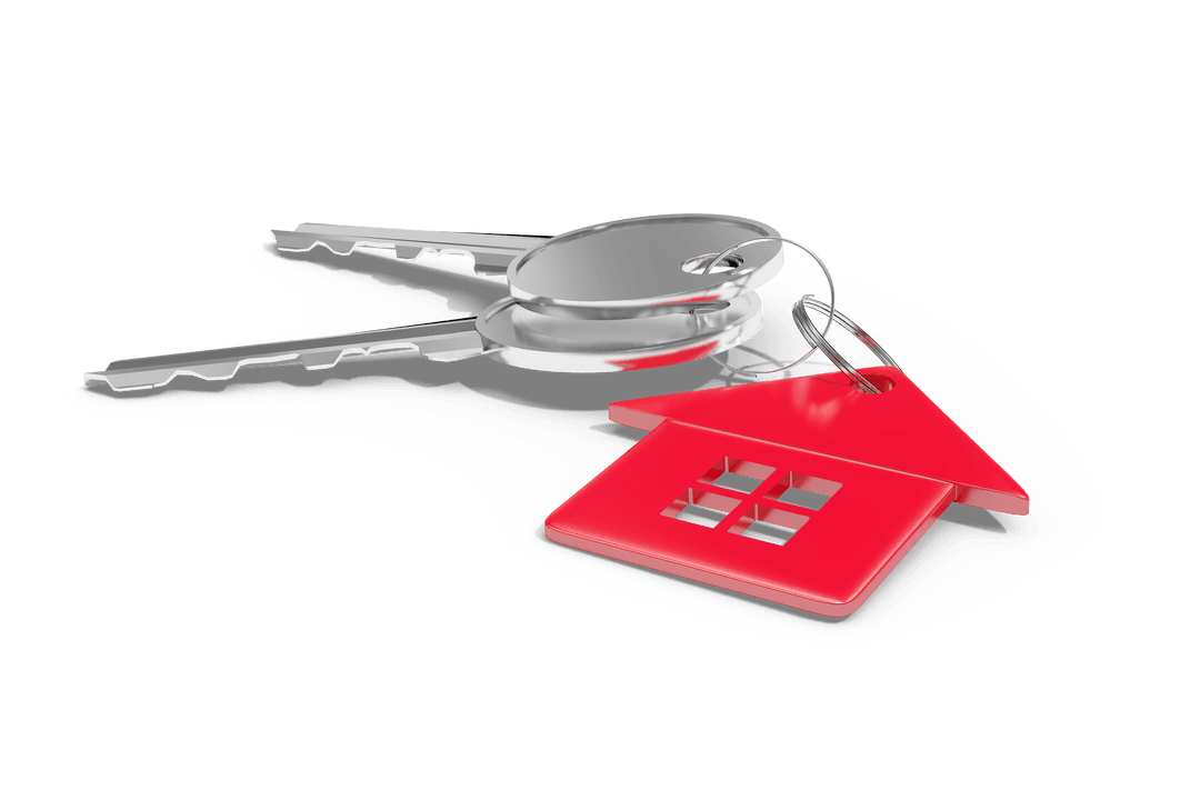 Silver Key with Red House Keychain on Transparent Background