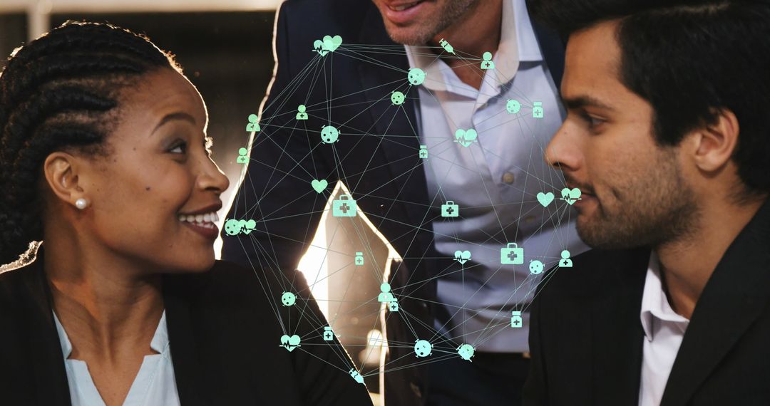 Diverse Team Collaborating with Digital Networking Visuals