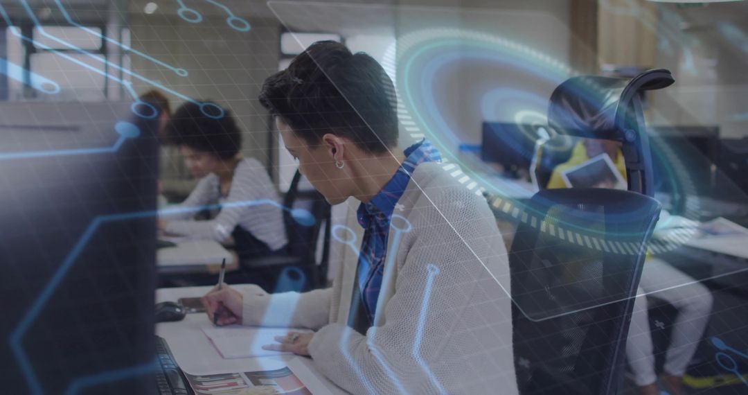 Hispanic Professional Writing Notes with Futuristic Digital Overlays