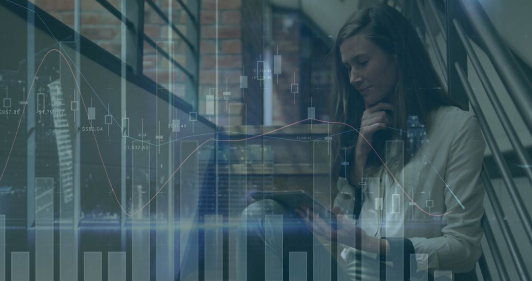Businesswoman Analyzing Financial Data with Innovative Technology Overlay