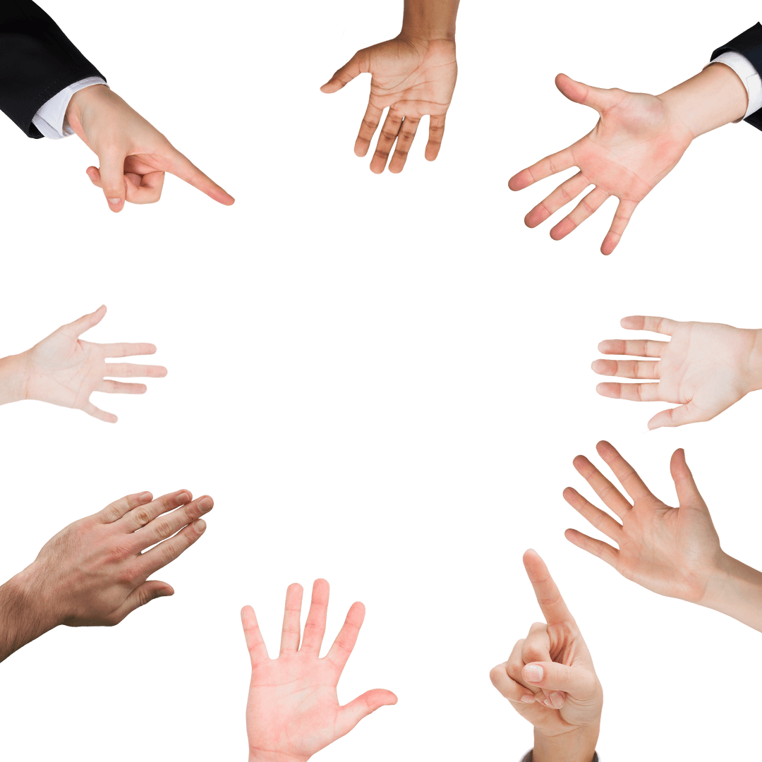 Diverse Hands Pointing in Circle on Transparent Background