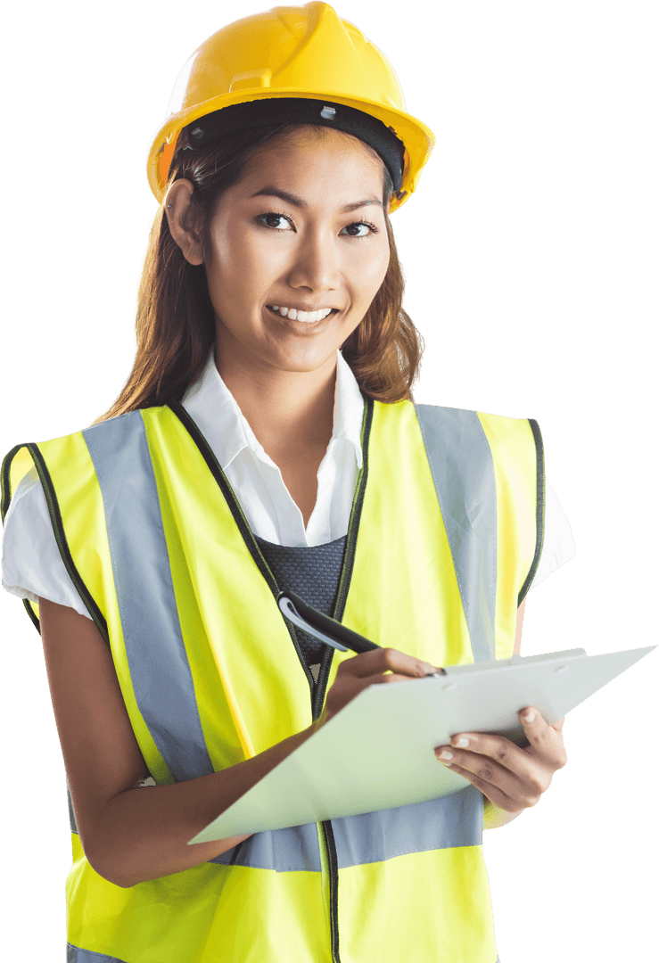 Transparent Architect Woman Smiling with Yellow Helmet and Clipboard