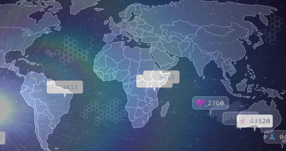 Global Data Network Map Pulsing with Social Analytics, Neon Interface and Hexagonal Grid