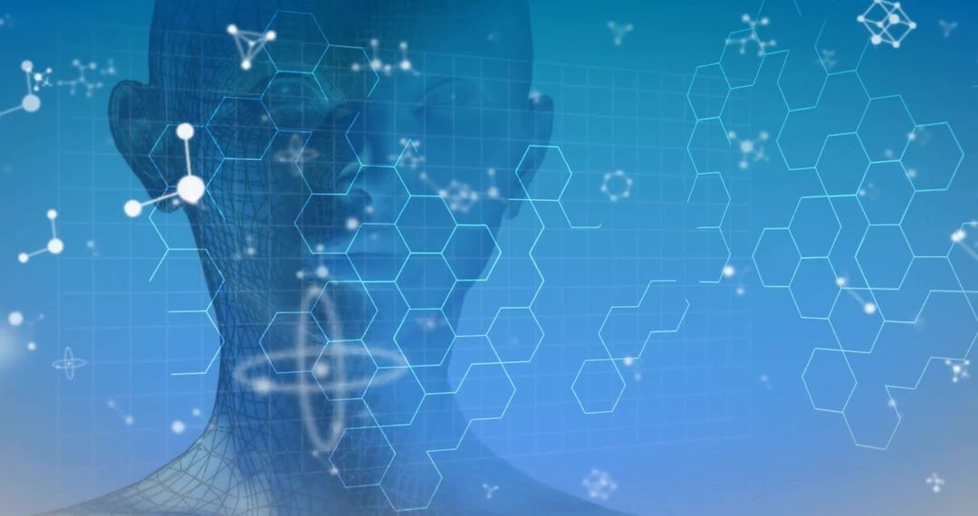 Futuristic Digital Interface with Molecular Structures and Human Silhouette