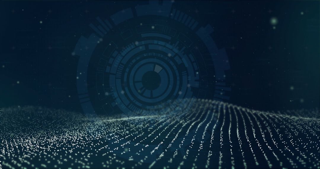 Futuristic Digital Landscape with Glowing Data Waves and HUD Overlay