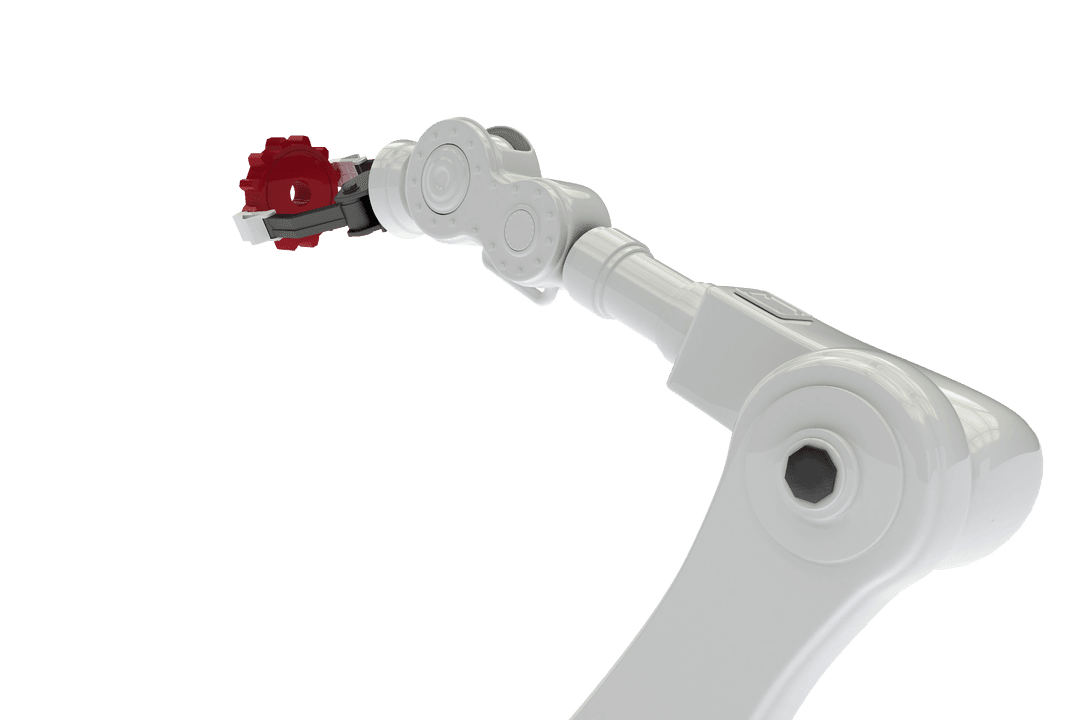 Transparent Robotic Arm Holding Red Gear for Industrial Automation
