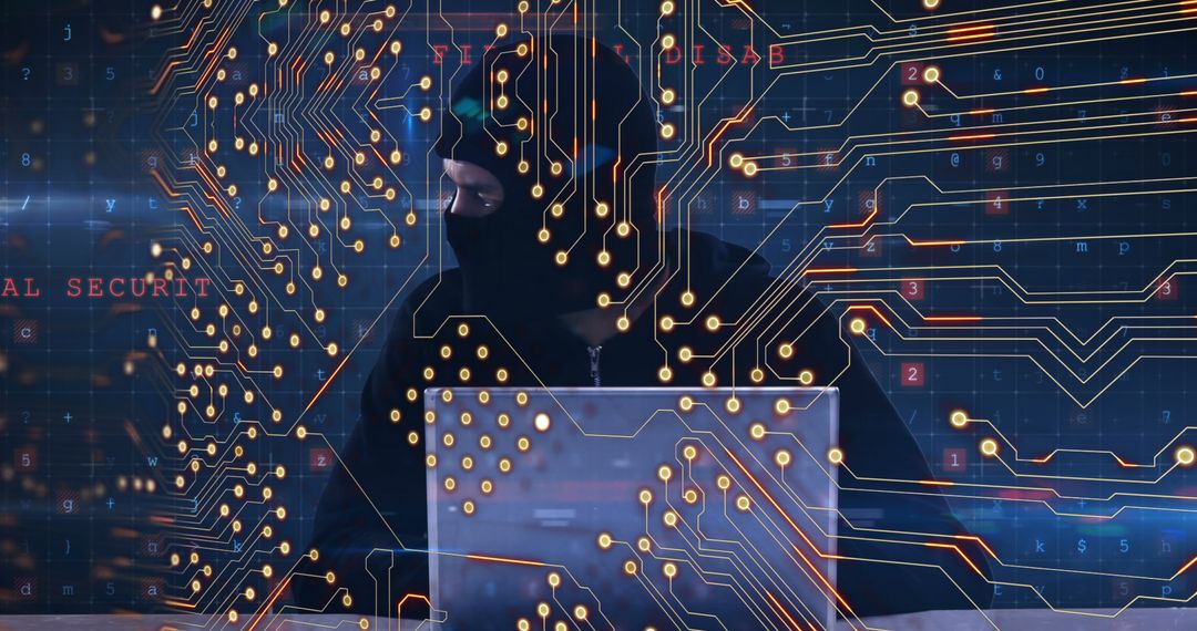 Hacker breaking through cyber security with circuit board overlay