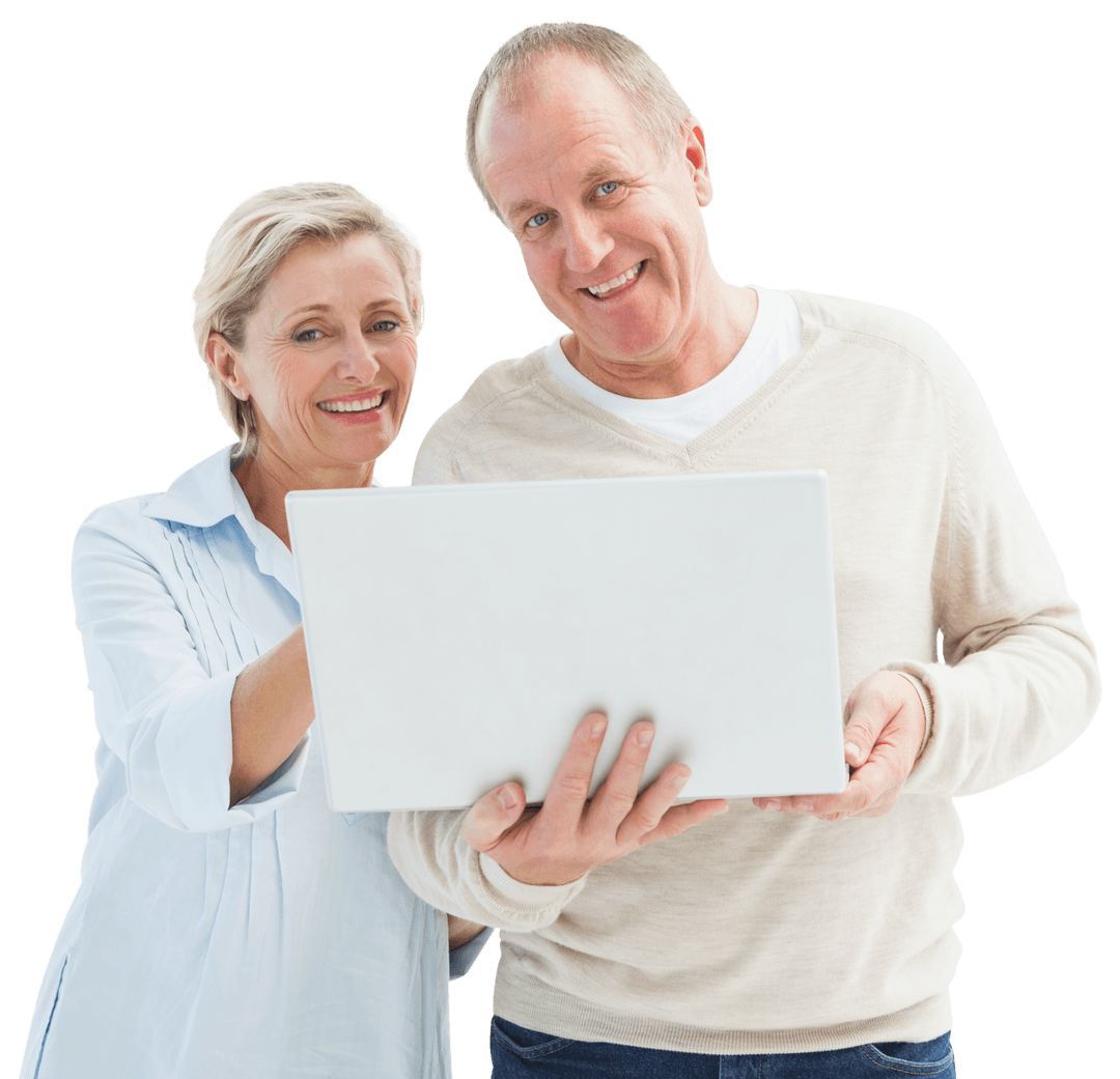 Smiling Senior Couple Engaging with Transparent Laptop